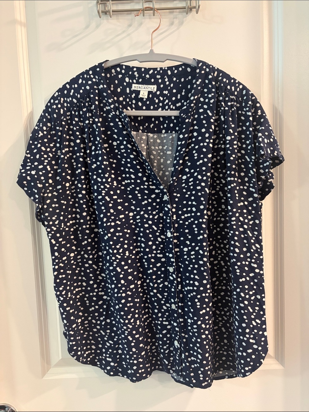 J. Crew Factory Navy Blue Dot Button-Front Blouse